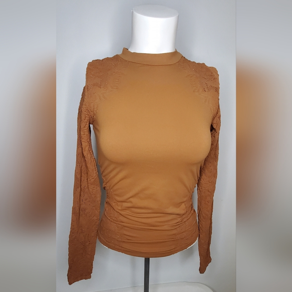 Free People Size M/L Brown Crewneck Top Stretch Long Sleeves